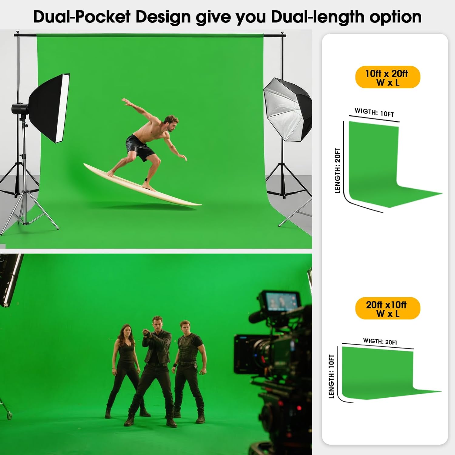 CPLIRIS 10x20ft Green Screen Backdrop for Photography, Dual-Size Dual-Pocket Design Chromakey Background for Photoshoot and Video with Both Options of 10 feet and 20 feet in Width - Image 3